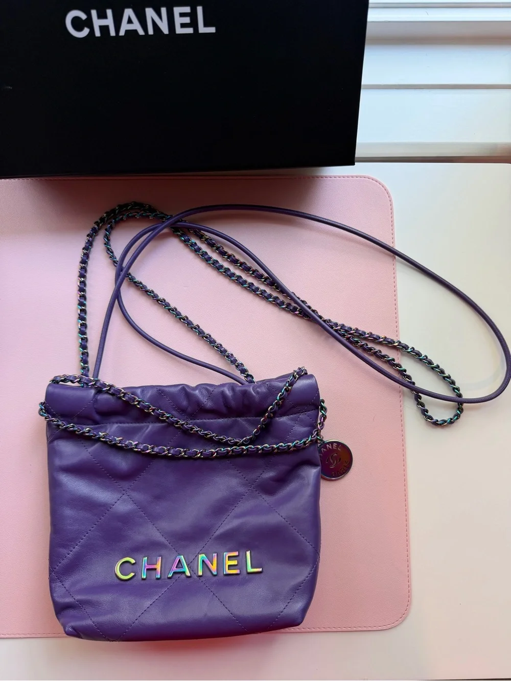 CHANEL Purple Quilted Leather Shoulder/Crossbody Bag with Iridescent Chain